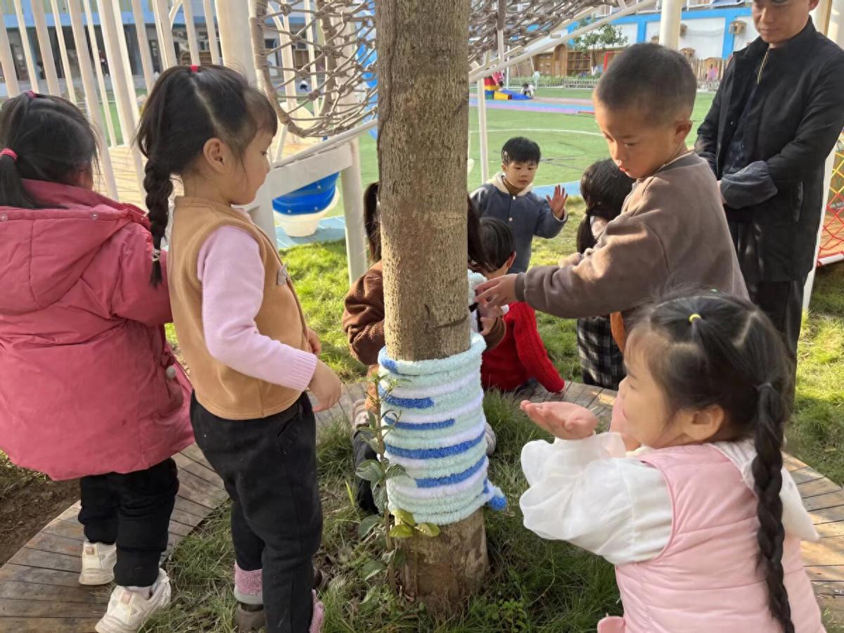 小小守护者 温暖“树朋友”——安居区白马幼儿园开展暖冬护树活动